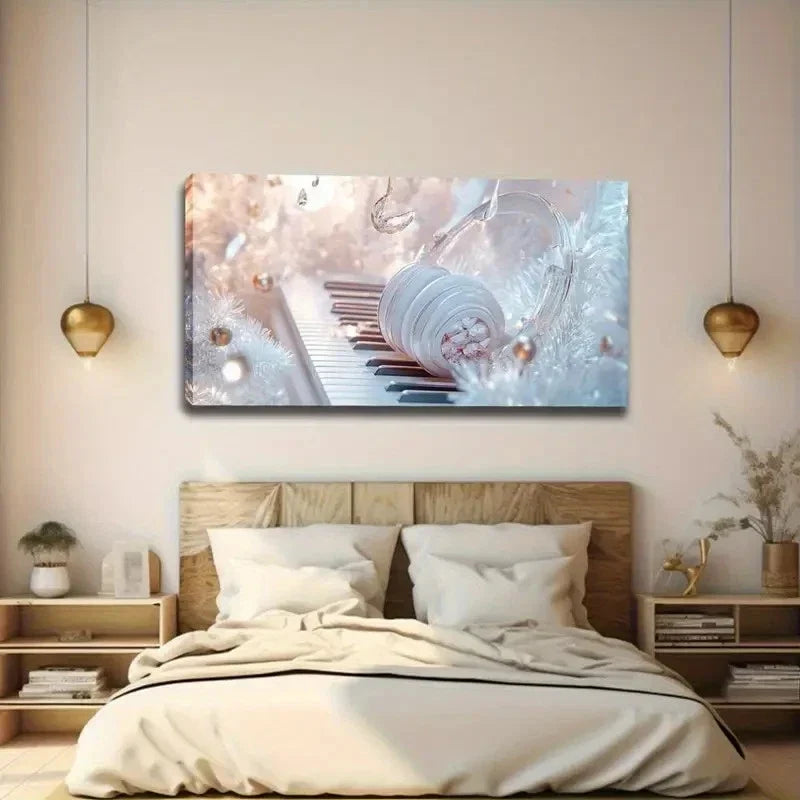 Serene White Piano & Headphone Wall Art Canvas Office Home Room Framed 120x60cm