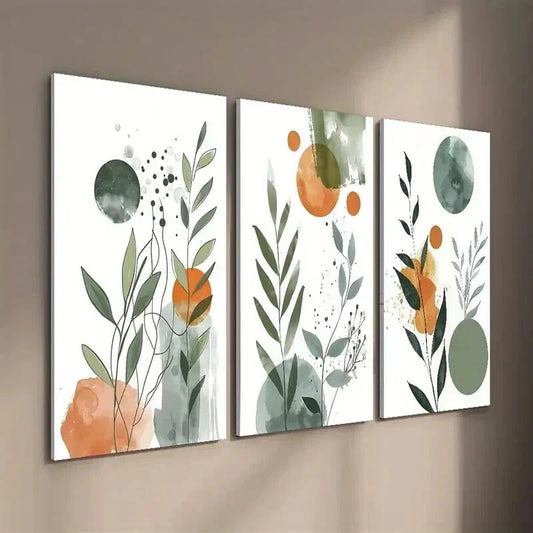 3pcs Nordic Green & Orange Botanical Leaf Wall Art Set Canvas Framed 40x60cm - High Quality Print 100% Australian Made Wall Canvas Ready to Hang