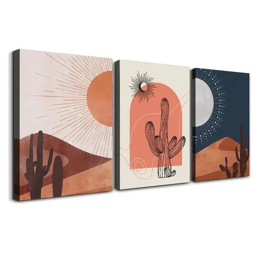 3pcs Desert Sunset Cacti & Sun Decor Wall Art Set Canvas Framed 40x60cm - High Quality Print 100% Australian Made Wall Canvas Ready to Hang