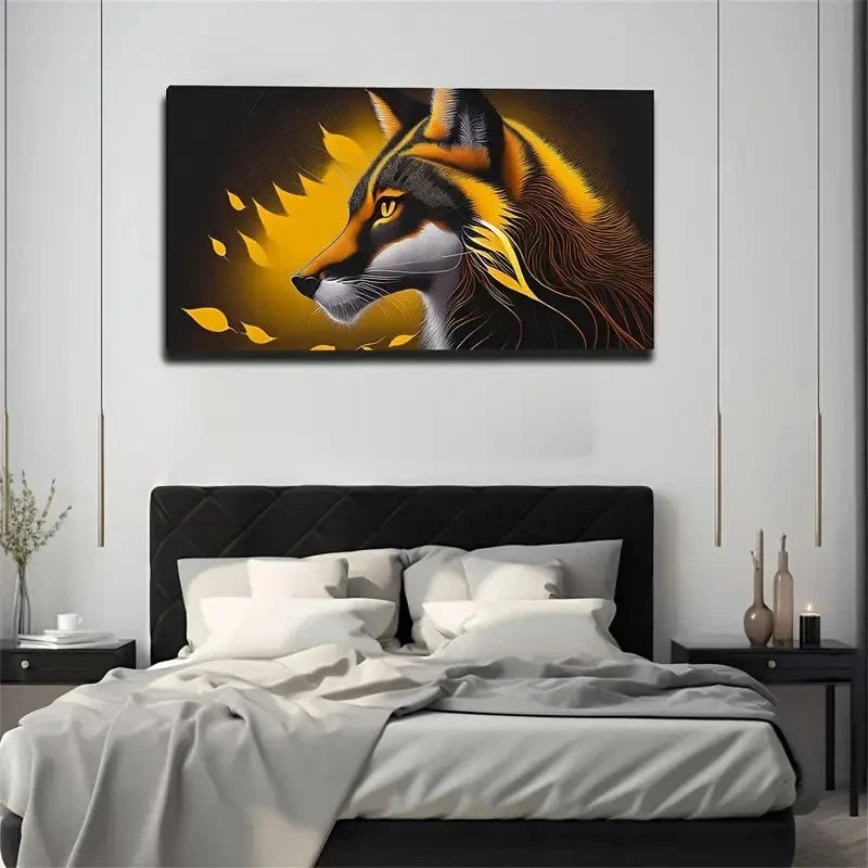 Golden & Black Fox Design Wall Art Canvas Office Home Room Framed 80x45cm