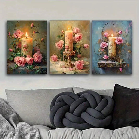 3pcs Pink Roses & Candle Wall Art Set Canvas Framed 40x60cm - High Quality Print 100% Australian Made Wall Canvas Ready to Hang