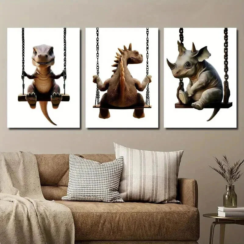 3pcs Tyrannosaurus Stegosaurus And Triceratops Wall Art Set Canvas Framed 40x60cm - High Quality Print 100% Australian Made Wall Canvas Ready to Hang
