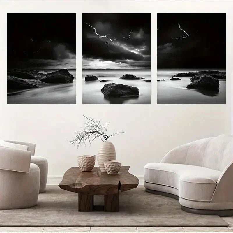 3pcs Black and White Stormy Ocean Landscape Wall Art Set Canvas Framed 40x60cm - High Quality Print 100% Australian Made Wall Canvas Ready to Hang