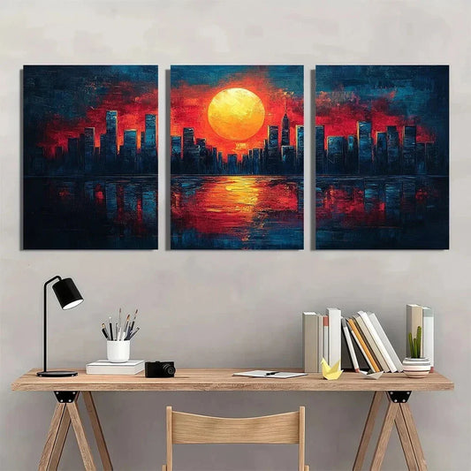 3pcs Abstract Cityscape Vibrant Orange Sunset Sky Metal Print Ready to Hang Art