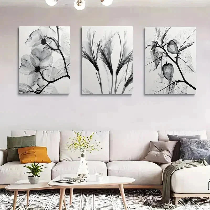 3pcs Black and White Botanical Floral and Leaf Wall Art Set Canvas Framed 40x60cm - High Quality Print 100% Australian Made Wall Canvas Ready to Hang