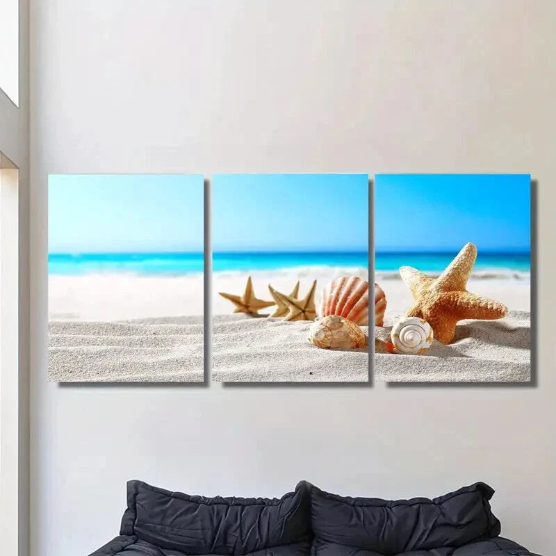 3pcs Coastal Decor with Starfish & Seashells Metal Print Ready to Hang Art