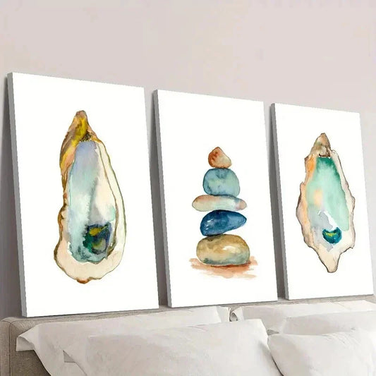 3pcs Balancing Zen Stones Ocean Oyster Wall Art Set Canvas Framed 40x60cm - High Quality Print 100% Australian Made Wall Canvas Ready to Hang