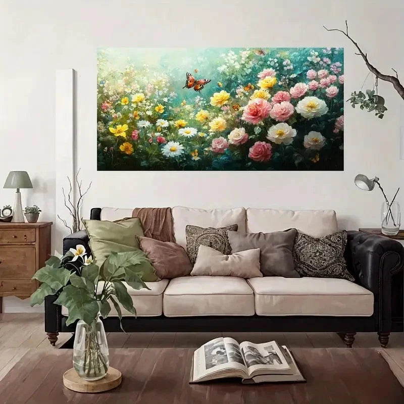 Floral Garden With Butterflies Wall Art Canvas Office Home Room Framed 80x45cm