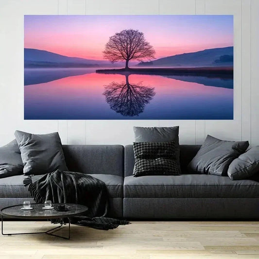 Trees on the Lake Sunset Wall Art Canvas Office Home Room Framed 80x45cm