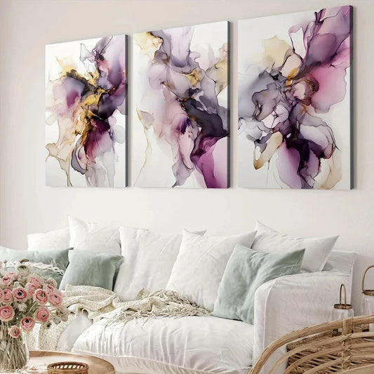 3pcs Marble Golden Foil Purple Modern Elegant Wall Art Set Canvas Framed 40x60cm - High Quality Print 100% Australian Made Wall Canvas Ready to Hang