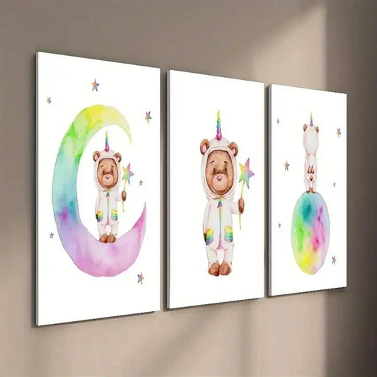 3pcs Watercolor Style Unicorn Bear Wall Art Set Canvas Framed 40x60cm - High Quality Print 100% Australian Made Wall Canvas Ready to Hang