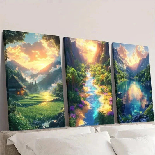 3pcs Beautiful Scenery of Waterfalls and Flowers Wall Art Set Canvas Framed 40x60cm - High Quality Print 100% Australian Made Wall Canvas Ready to Hang