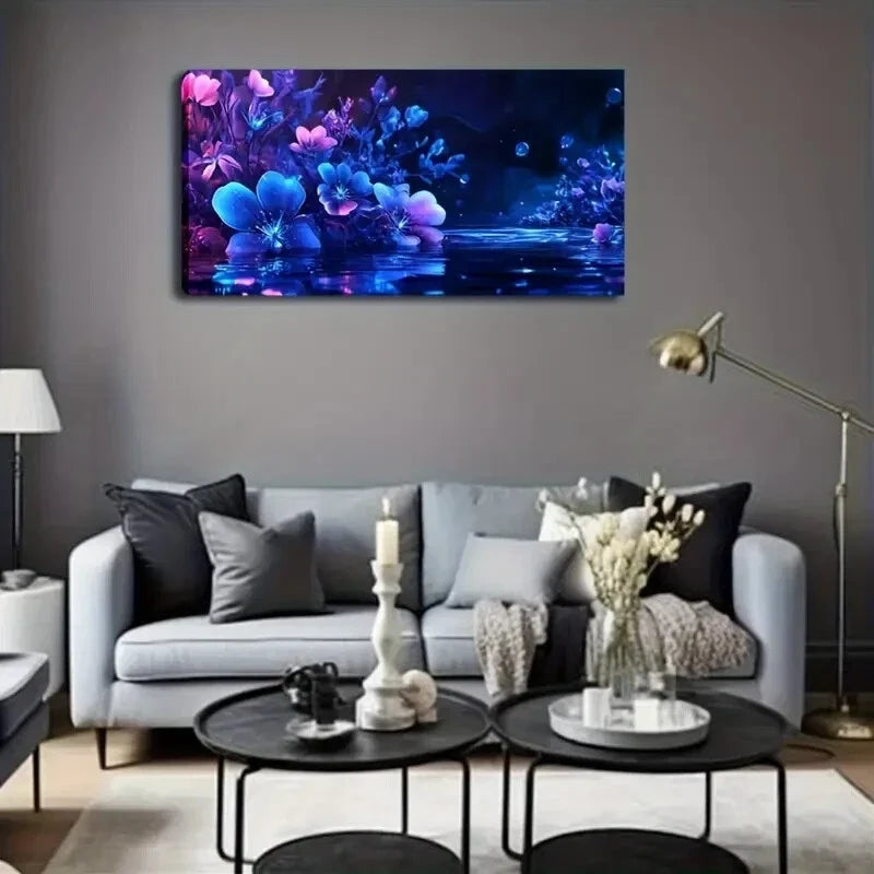 Blue & Pink Flowers by Creek Wall Art Canvas Office Home Room Framed 80x45cm
