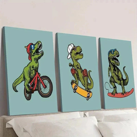 3pcs Tyrannosaurus Rex Skateboarding and Riding Wall Art Set Canvas Framed 40x60cm - High Quality Print 100% Australian Made Wall Canvas Ready to Hang