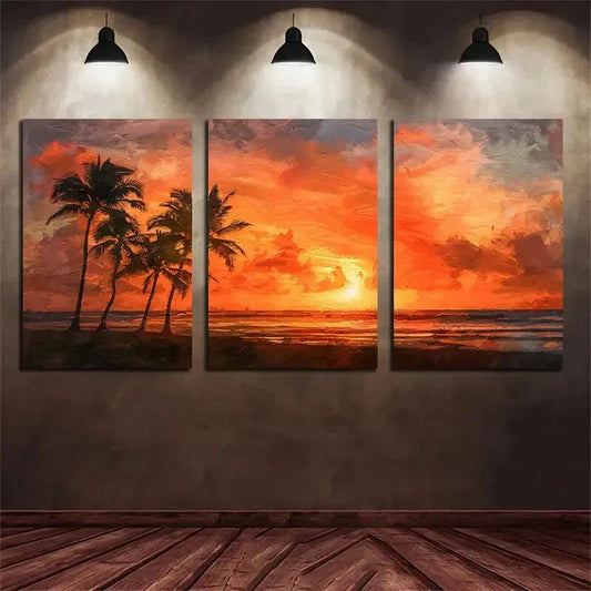 3pcs Palm Tree & Sunset Beach Metal Print Ready to Hang Art