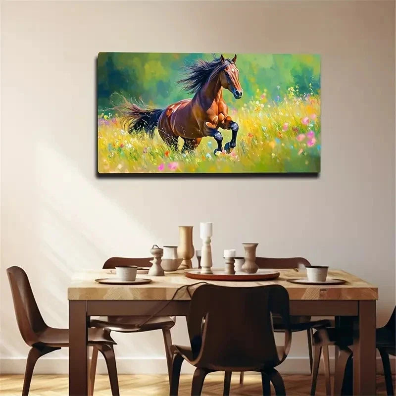 Galloming Horse Suitable Wall Art Canvas Office Home Room Framed 80x45cm