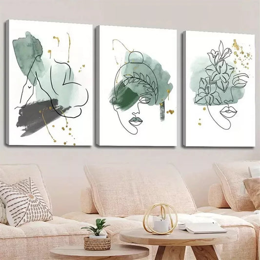 3pcs Abstract Green Sage Line Face Shape Wall Art Set Canvas Framed 40x60cm - High Quality Print 100% Australian Made Wall Canvas Ready to Hang