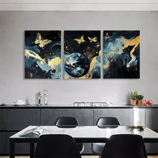 3pcs Golden Butterfly & Earth Marble Perfect Wall Art Set Canvas Framed 40x60cm - High Quality Print 100% Australian Made Wall Canvas Ready to Hang