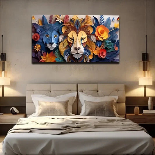Lions & Floral Bohemian Wall Art Canvas Office Home Room Framed 80x45cm