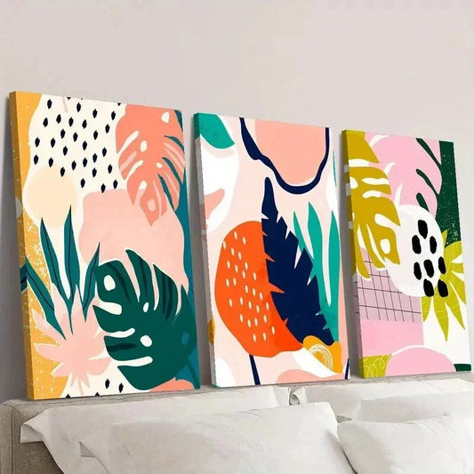 3pcs Cartoon Tropical Plant Leaf Ink Painting Wall Art Set Canvas Framed 40x60cm - High Quality Print 100% Australian Made Wall Canvas Ready to Hang
