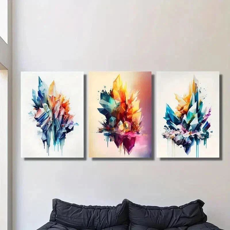3pcs Geometric Crystal Stone Painting Wall Art Set Canvas Framed 40x60cm - High Quality Print 100% Australian Made Wall Canvas Ready to Hang