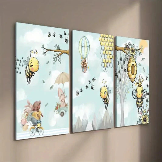 3pcs Rabbit Owl & Beehive Painting Wall Art Set Canvas Framed 40x60cm - High Quality Print 100% Australian Made Wall Canvas Ready to Hang