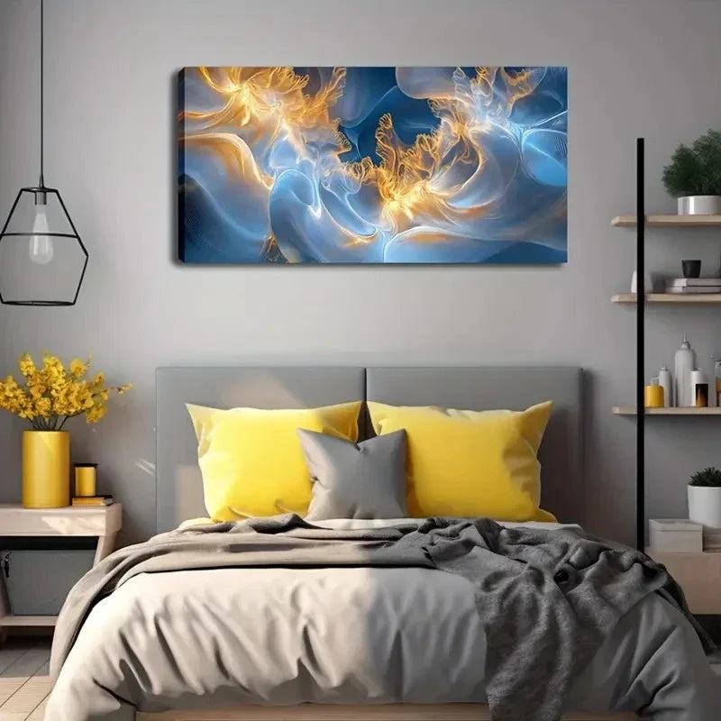Blue & Golden Swirling Design Wall Art canvas office home room framed 120x60cm
