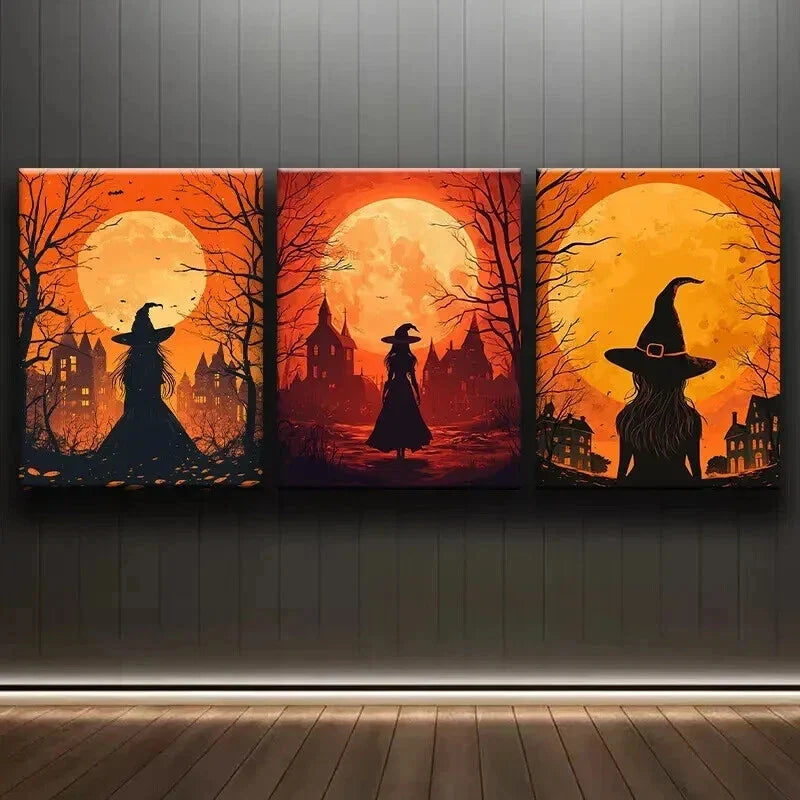 3pcs Witch at Sunset Moon Colorful Perfect Wall Art Set Canvas Framed 40x60cm - High Quality Print 100% Australian Made Wall Canvas Ready to Hang