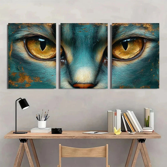 3pcs Classic Style Animal Themed Fabric Cat Metal Print Ready to Hang Art