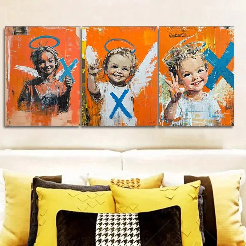 3pcs Abstract Angel Trio with Blue Hats Metal Print Ready to Hang Art