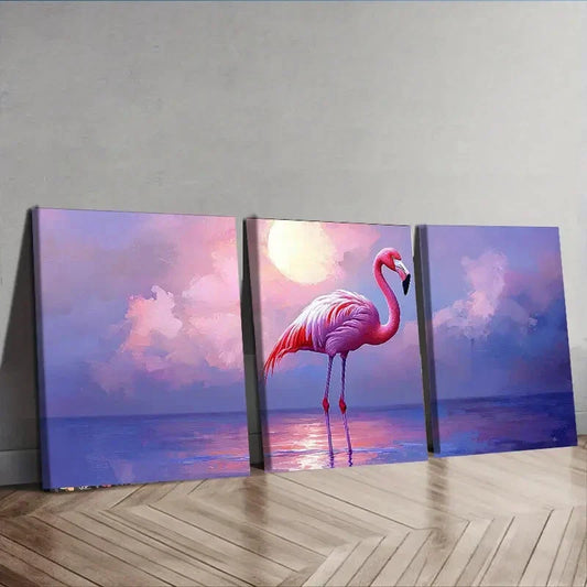 3pcs Flamingo Moonlight Bright Shine Perfect Wall Art Set Canvas Framed 40x60cm - High Quality Print 100% Australian Made Wall Canvas Ready to Hang
