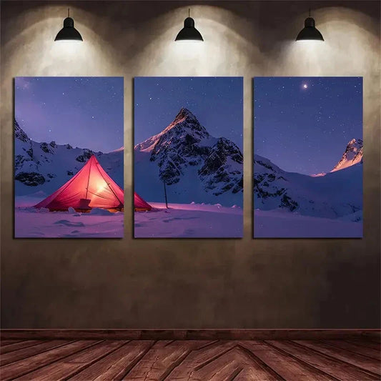 3pcs Snowy Mountain Pink Tent Metal Print Ready to Hang Art