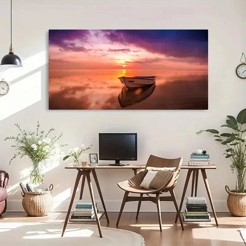 Boat And a Sunset Seaside Wall Art Canvas Office Home Room Framed 80x45cm