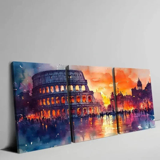 3pcs Vibrant Watercolor Colosseum Sunset Scene Wall Art Set Canvas Framed 40x60cm - High Quality Print 100% Australian Made Wall Canvas Ready to Hang