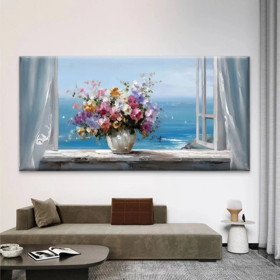 Vase of Flowers, & Ocean View Wall Art Canvas Office Home Room Framed 80x45cm