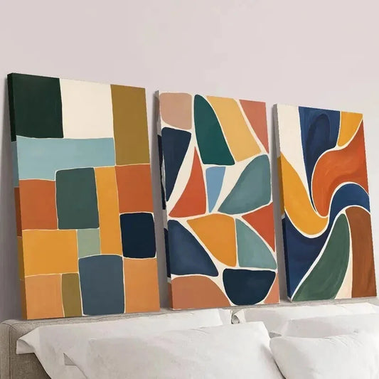 3pcs Retro Abstract Multi Color Block Geometric Wall Art Set Canvas Framed 40x60cm - High Quality Print 100% Australian Made Wall Canvas Ready to Hang
