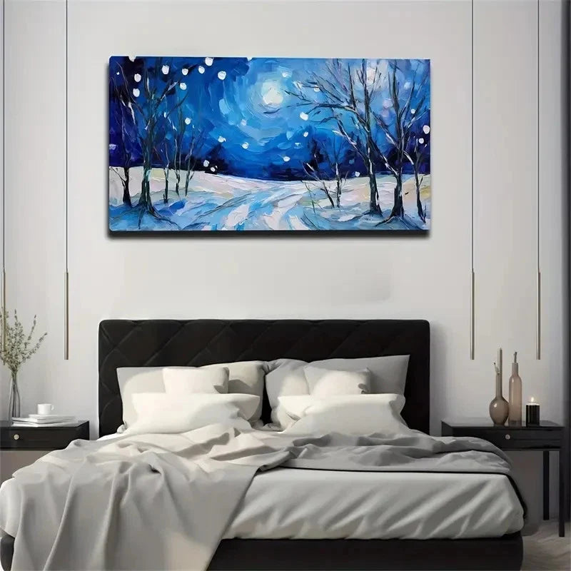 Winter Snowy Night Wall Art Canvas Office Home Room Framed 80x45cm
