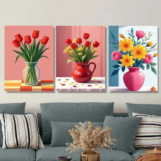 3pcs Beautiful Tulip and Sunflower Bouquet Metal Print Ready to Hang Art