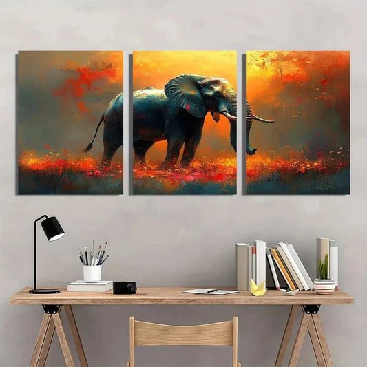3pcs Abstract Elephant Vibrant Orange & Blue Metal Print Ready to Hang Art