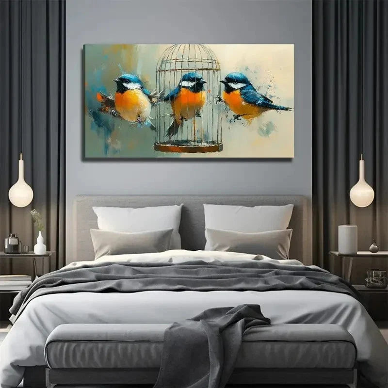 Fat Birds Yellow Suitable Wall Art Canvas Office Home Room Framed 120x60cm