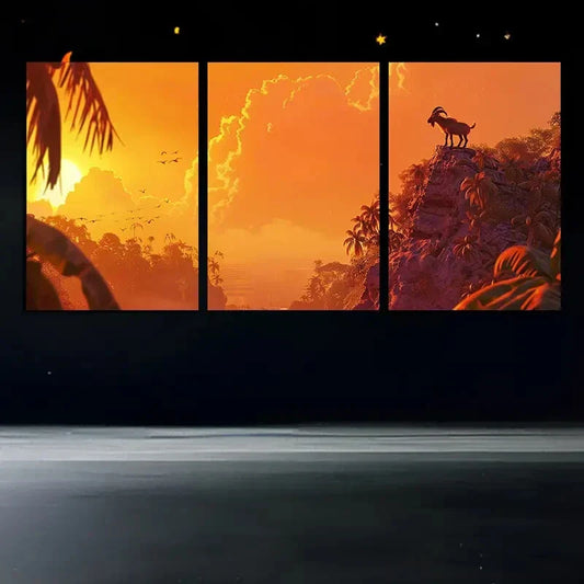 3pcs Goat Silhouette Sunset Coconut Tree Metal Print Ready to Hang Art