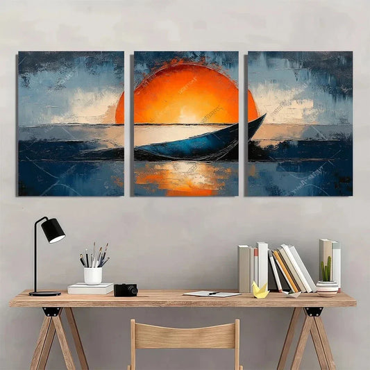 3pcs Abstract Blue and Orange Oil Painting Metal Print Ready to Hang Art
