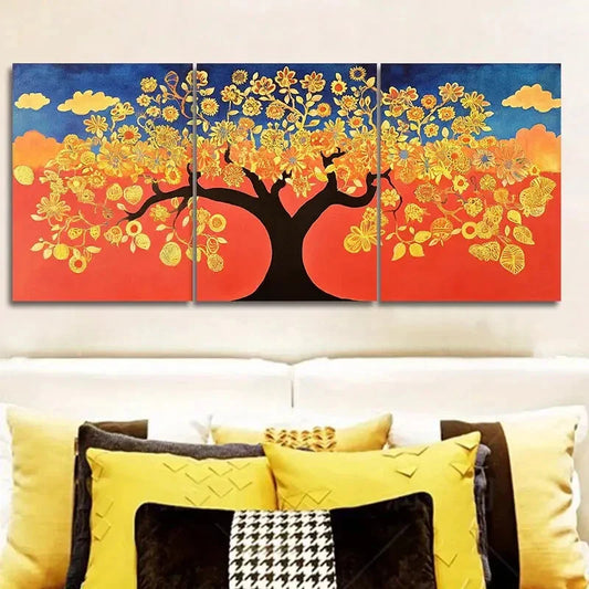 3pcs Vibrant Yellow Floral & Tree Metal Print Ready to Hang Art