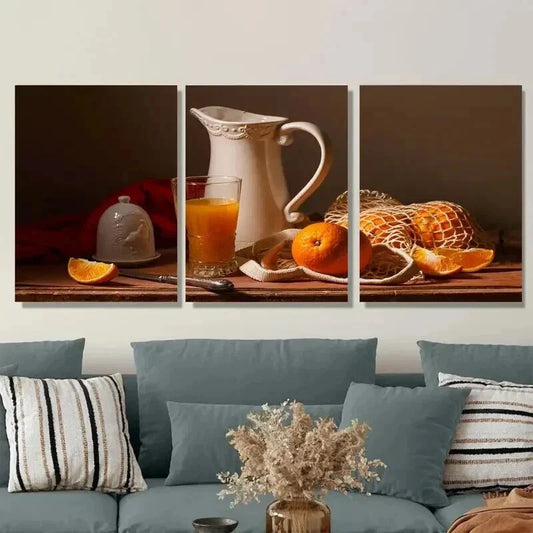 3pcs Oranges, Pitcher & Glass Classic Wall Art Set Canvas Framed 40x60cm - High Quality Print 100% Australian Made Wall Canvas Ready to Hang