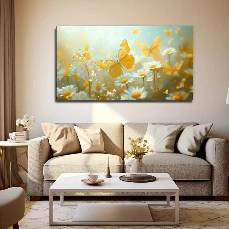 Chrysantheum And Butterfly Wall Art Canvas Office Home Room Framed 80x45cm