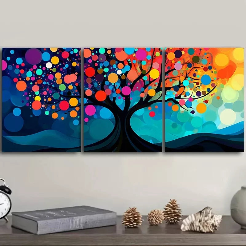 3pcs Vibrant Tree with Circles & Dots Design Wall Art Set Canvas Framed 40x60cm - High Quality Print 100% Australian Made Wall Canvas Ready to Hang