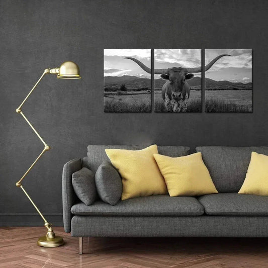 3pcs Highland Cow Long Horn Black and White Metal Print Ready to Hang Art