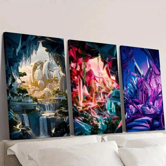 3pcs Sci-Fi Fantasy Landscape Theme Wall Art Set Canvas Framed 40x60cm - High Quality Print 100% Australian Made Wall Canvas Ready to Hang
