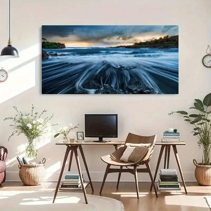 Black Sand Beach Modern Décor Wall Art Canvas Office Home Room Framed 120x60cm