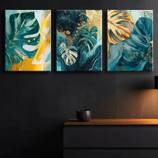 3pcs Colorful Teal and Golden Leaf Perfect Wall Art Set Canvas Framed 40x60cm - High Quality Print 100% Australian Made Wall Canvas Ready to Hang